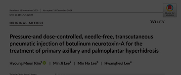 Kim HM, Lee MJ, Lee MH, Lee H. Pressure-and dose-controlled, needle-free, transcutaneous pneumatic injection of botulinum neurotoxin-A for the treatment of primary axillary and palmoplantar hyperhidrosis. Skin Res Technol. 2020 Jul;26(4):577-583. doi: 10.